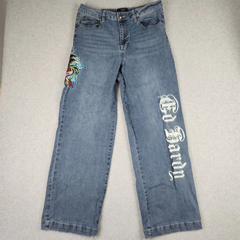 Ed Hardy Jeans Women's 32 Blue Wide Leg Tattoo Embroidered Eagle Heart Graphic‎